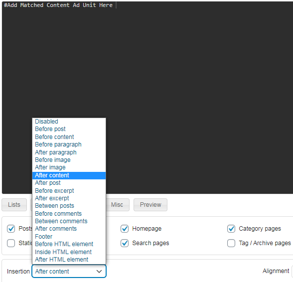 Insert AdSense Matched Content Ads in WordPress