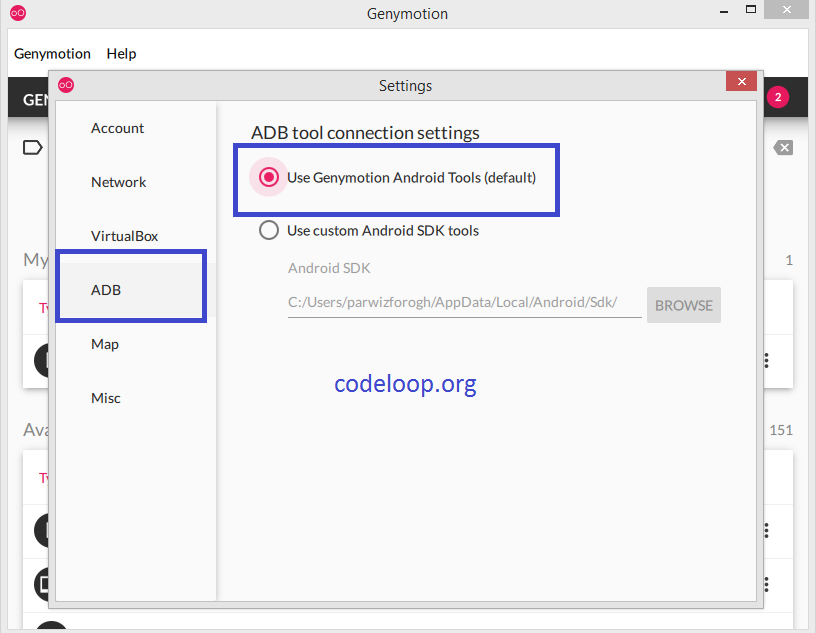 Genymotion ADB Setting 